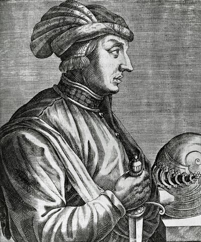 Porträtt av Castruccio Castracani (ca 1281-1328), Lord of Lucca, gravyr från The True Portraits and Lives of Illustrious Men av Andre Thevet