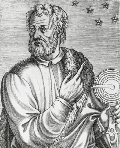 Porträtt av Christopher Columbus (1451-1506), italiensk navigatör, gravyr från The True Portraits and Lives of Illustrious Men av Andre Thevet