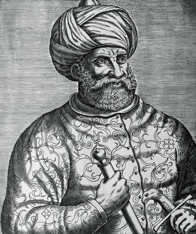 Porträtt av Khayr al-Din, känd som Barbarossa (1465-1546), turkisk korsar och amiral, gravyr av Andre Thevet (1502-1590) av Andre Thevet