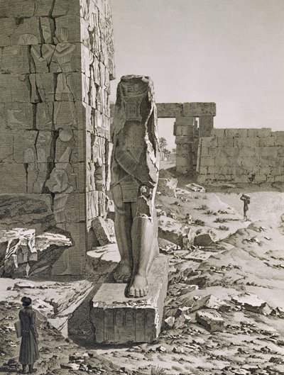 Utsikt över kolossen vid ingången till hypostilhallarna i palatset i Karnak, Thebe, skylt 20 från volym III av "Descriptions of Egypt", graverad av Baltard, 1822 (akvatint) av Andre after Dutertre