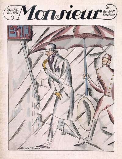 Man i regnrock, främre omslaget till tidningen "Monsieur", nummer 24, pub. December 1921 (pochoirtryck) av Andre de Roux