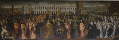 Dogaressa Marina Morosini-Grimani lämnar Palazzo Grimani för sin kröning i Palazzo Ducale, Venedig av Andrea Vicentino