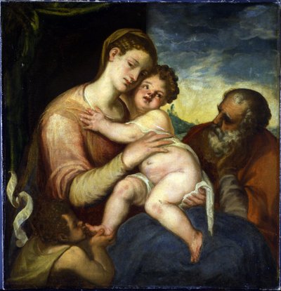Den heliga familjen med Johannes döparen par Schiavone, Andrea (ca 1520-1582). Olja på duk, storlek: 98x93, , Pragborgen av Andrea Schiavone