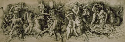 Battle of the Sea Gods (penna & brunt bläck på papper) av Andrea (workshop of) Mantegna