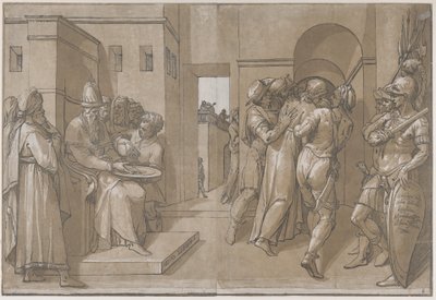 Kristus förs bort, soldater står på höger sida av arket, 1585. av Andrea Andreani