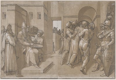 Pilatus till vänster tvättar händernas vänstra sida av arket, 1585. av Andrea Andreani