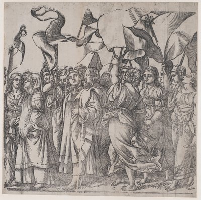 Avsnitt C: kvinnliga martyrer och helgon som håller banderoller, från The Triumph of Christ, 1836. av Andrea Andreani