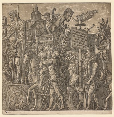 Julius Caesars triumf: kolossala statyer och belägringsutrustning, 1593-99. av Andrea Andreani