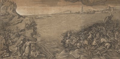 Korsningen av Röda havet, Moses står till vänster och pekar på armén som är under vatten..., 1589. av Andrea Andreani