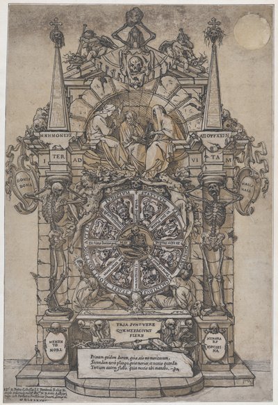 Dödens triumf med tre öden i en arkitektonisk ram ovanför ett lyckohjul flank..., 1588. av Andrea Andreani