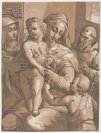 Jungfru och barn med St. John, St. Catherine of Siena och St. Francis, 1585. av Andrea Andreani