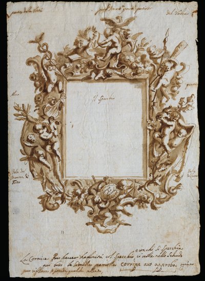 Ortogonal ritning till allegorisk ram, ca 1700, av Andrea Brustolon (1662-1732), akvarellpenna på vitt papper, Italien av Andrea Brustolon