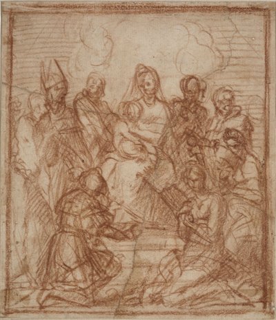 Tronande Madonna med barn och åtta helgon (kompositionsstudie för altarmålningen i Sarzana) av Andrea del Sarto