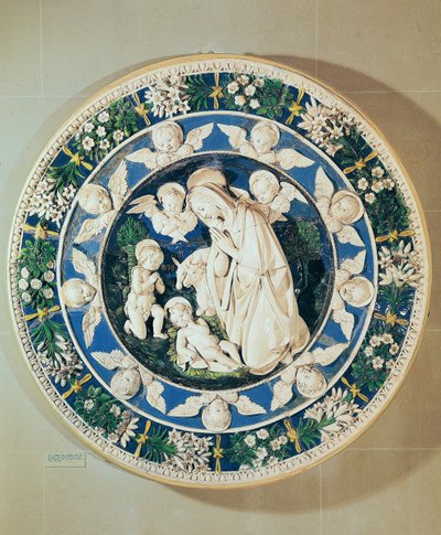 Tillbedjan av Jungfrun med Johannes Döparen och två keruber (polykrom glaserad terrakotta) av Andrea Della Robbia