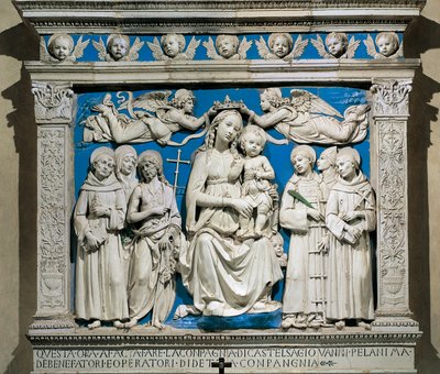 Madonna och barn med heliga, av Andrea della Robbia (1435-1525), glaserat lergods, Medici Chapel, Church of Santa Croce, Florens, Italien av Andrea Della Robbia