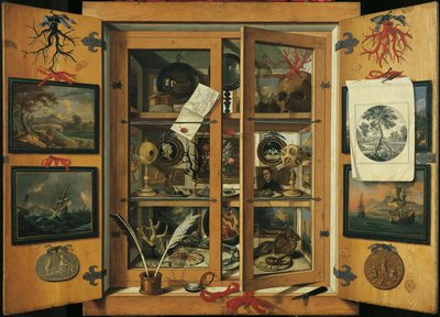 Kuriosakabinett (med glasdörrar) med olika föremål, av Andrea Dominico Remps (1621-1699). av Andrea Domenico Remps