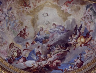 Coronation of Virgin, fresk målad 1699 av Andrea Lanzani (1641-1712) från choir of Sanctuary Of Incoronata, Lodi. Italien av Andrea Lanzani