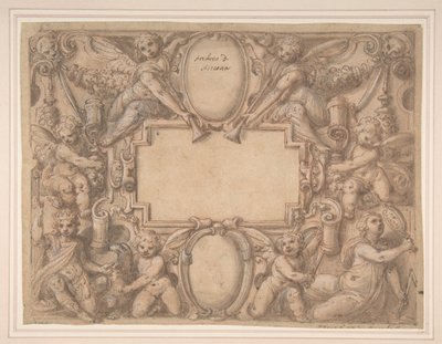 En kartusch och två sköldar omgivna av allegoriska figurer., 1570-1631. av Andrea Lilli
