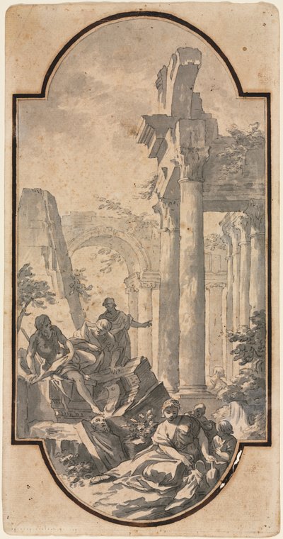 Figurer nära ruinerna av ett korintiskt tempel (recto) av Andrea Locatelli