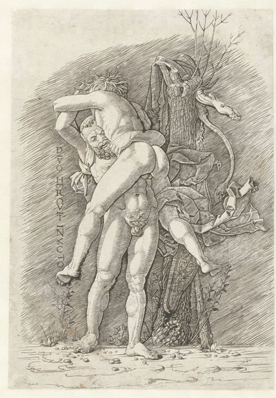 Hercules och Antaeus Den oövervinnelige guden Hercules (titel på objekt) av Andrea Mantegna (school of)