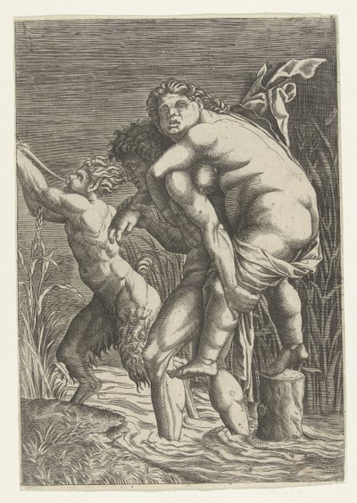 Man bär kvinna på ryggen och en satyr av Andrea Mantegna (school of)