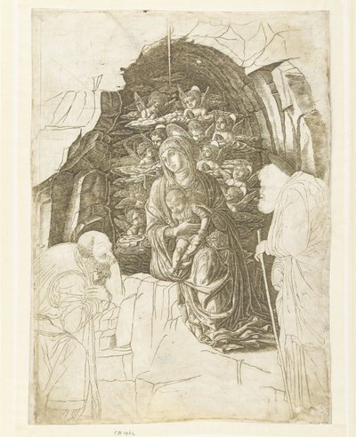 Maria med barn omgiven av änglar i grottan med Josef och kung i tillbedjan av Andrea Mantegna (school of)