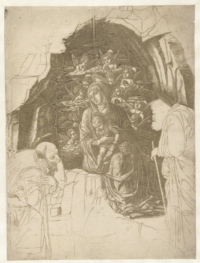 Maria med barn omgiven av änglar i grottan med Josef och kung i tillbedjan av Andrea Mantegna (school of)