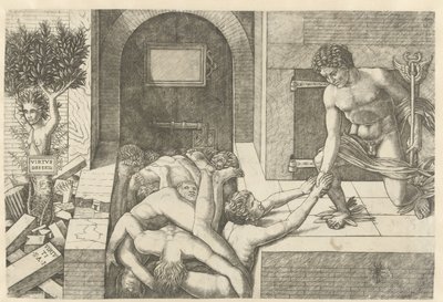 Merkurius som personifiering av dygd räddar själar i Limbo och Daphne förvandlas till ett träd Virtus Deserta (titel på objekt) av Andrea Mantegna (school of)