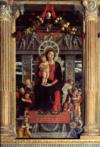 Altartavla av san Zeno: centralpanel "" Madonna ett barn med nio änglar"" Målning av Andrea Mantegna (1431-1506) 1457-1459 Verone, Basilica di San Zeno, Italien av Andrea Mantegna