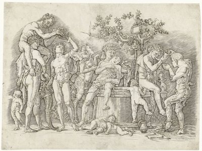 Bacchanal med satyrer och bacchanter vid vinpress av Andrea Mantegna