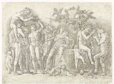 Bacchanal med satyrer och bacchanter vid vinpress av Andrea Mantegna