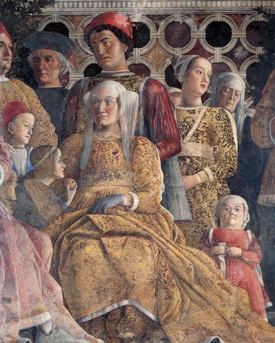 Barbara wa Brandenburg na binti yake Paula na Rodolfo Gonzaga, maelezo kutoka kwa Wall ya Mahakama, na Andrea Mantegna (1431-1506), fresco, San Giorgio Castle, Chumba cha Harusi au Camera Picta, Mantuaswed av Andrea Mantegna