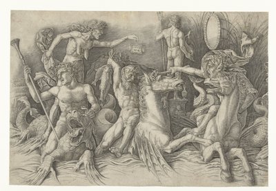 Battle of the Sea Gods, med Envy (Invidia) till vänster Strid mellan satyrer som rider på hippocampi och gammal kvinna som personifiering av avundsjuka som står på ryggen av draken Battle of Sea Gods av Andrea Mantegna