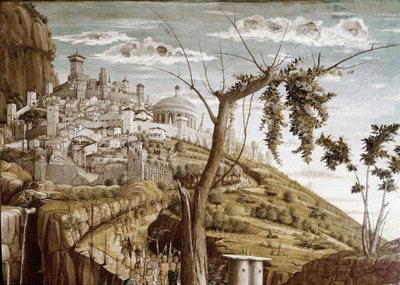 Kristus ber i olivträdens trädgård, vänster del av predellen, San Zenos altartavla (tempera på trä, ca 1457-1460) av Andrea Mantegna
