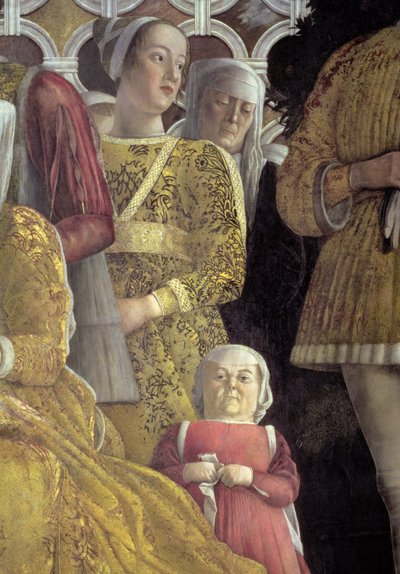 Dvärg och andra hovmän från gruppporträttet av familjen och hovet till Marchese Ludovico Gonzaga III av Mantua, från Camera degli Sposi eller Camera Picta, 1465-74 freskdetalj av 78449 av Andrea Mantegna