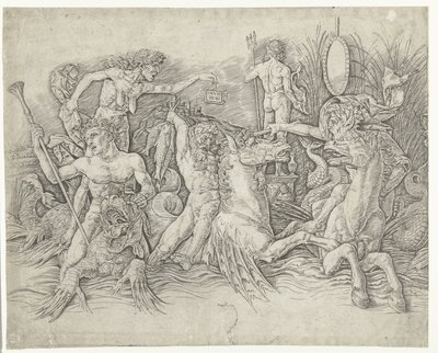 Strid mellan satyrer som rider på hippocampi och gammal kvinna som personifiering av avundsjuka som står på ryggen av draken Battle of Sea Gods av Andrea Mantegna