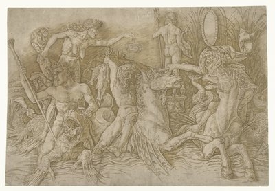 Strid mellan satyrer som rider på hippocampi och gammal kvinna som personifiering av avundsjuka som står på ryggen av draken Battle of Sea Gods av Andrea Mantegna