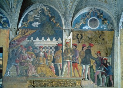 Marchese Ludovico Gonzaga III, hans hustru Barbara av Brandenburg, deras barn, hovmän och deras hund Rubino, från Camera degli Sposi eller Camera Picta, 1465-74 av Andrea Mantegna