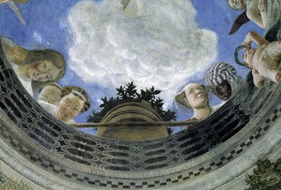 Occulus av taket i House of Spouses, Ducal Palace of Mantua, Italien (Camera degli Sposi, Palazzo Ducale, Mantova): detalj av allegoriska figurer och putti. Fresk av Andrea Mantegna (1431-1506) av Andrea Mantegna