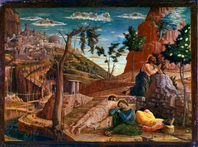 Bön i Olivträdgården Efter den sista måltiden går Kristus till Getsemanis berg, som dominerar Jerusalem med apostlarna. Romerska soldater närmar sig för att stoppa honom. Altartavla av San Zeno de Verona. Målning (tempera) på trä av Andrea Man av Andrea Mantegna