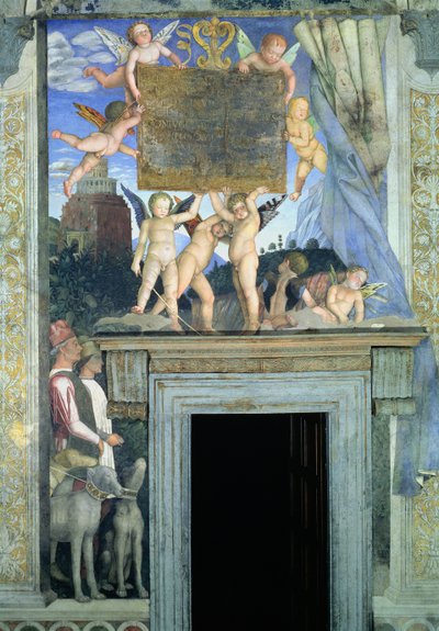 Putti med fjärilsvingar som stödjer den dedikerande plaketten med jakthundar och deras förare nedan, från Camera degli Sposi eller Camera Picta, 1465-74 freskdetalj av 78449 av Andrea Mantegna