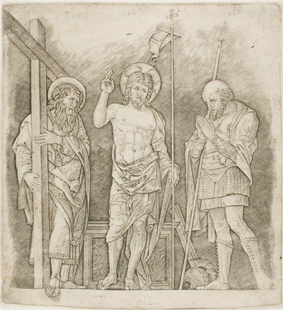 Uppstånden Kristus mellan de heliga Andreas och Longinus av Andrea Mantegna