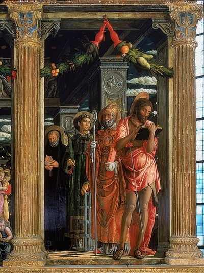 San Zeno altare. Höger sida. 1457-1460. Detaljen visar Johannes Döparen, Lawrence av Rom, Augustinus av Hippo och Benedictus av Nursia av Andrea Mantegna