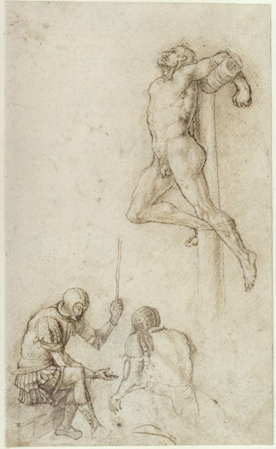 Rövare på korset, med två soldater nedanför som spelar tärning av Andrea Mantegna
