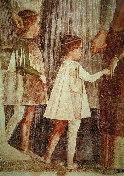 Ankomsten av kardinal Francesco Gonzaga, hälsad av sin far Marchese Ludovico Gonzaga III och hans bröder, detalj av Gonzague-barnen, ca. 1465-74 (uppgift om 78454) av Andrea Mantegna