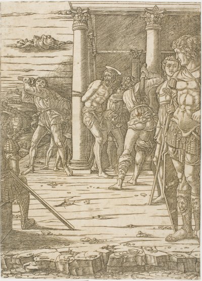 Kristi flagellation, med landskapets bakgrund av Andrea Mantegna
