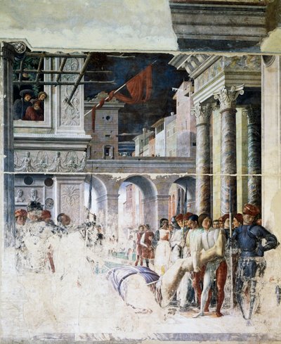 Transport av Saint Christopher halshuggen kropp, detalj från Martyrdom of Saint Christopher av Andrea Mantegna