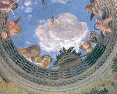 Trompe loeil oculus i mitten av det välvda taket på Camera degli Sposi eller Camera Picta, 1465-74 freskdetalj av 72245 av Andrea Mantegna