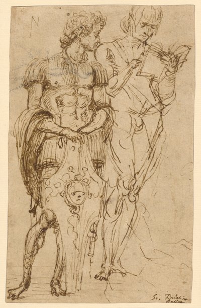 Två stående mansfigurer (recto); En liggande man och andra studier (verso) av Andrea Mantegna