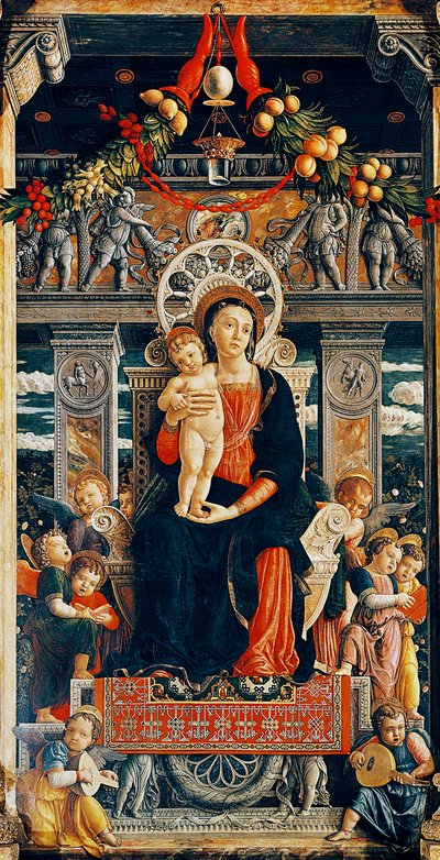 Jungfru tronar, detalj från centrala delen av San Zeno altartavla av Andrea Mantegna (1431-1506), trä, 220x115 cm, Basilica of San Zeno, Verona av Andrea Mantegna